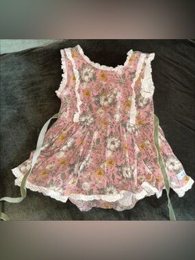 Pink Floral Lace-Trim Skirted Romper